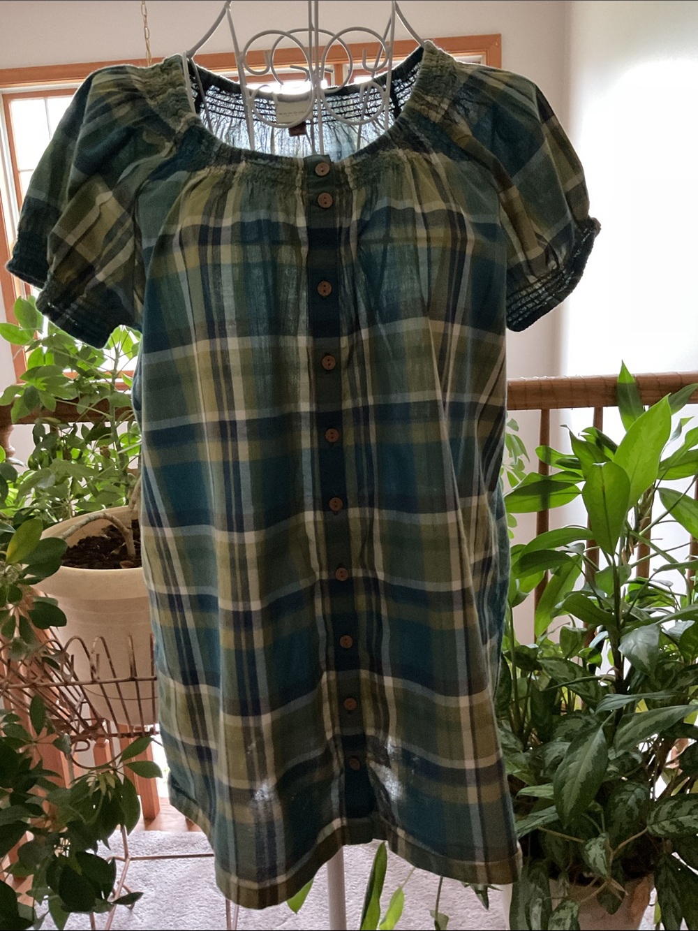 Sonoma Life &Style Button-Front Plaid Peasant Top in Teal and Olive Size Medium